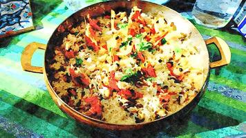 watercolorstyle representing a pan of fish risotto ready to be served photo