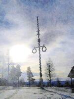 Digital watercolor painting of a maypole during the winter in northern scandinavia photo