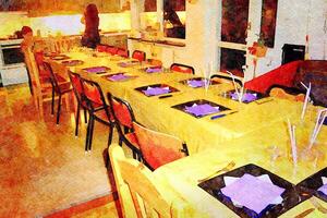 a table in a house set up for a dinner with friends photo