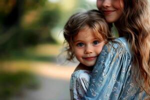 ai generado contento madre día con un mujer y hija abrazando . ai generado foto