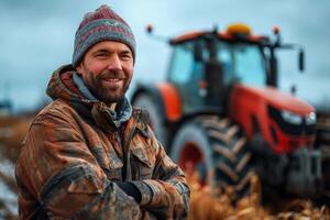 ai generado un hombre en pie en frente de un tractor en un campo. ai generativo. foto