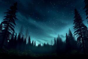 AI generated a pine trees under the sky with Northern lights. ai generative photo