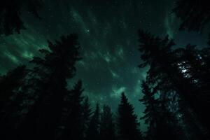 AI generated a pine trees under the sky with Northern lights. ai generative photo