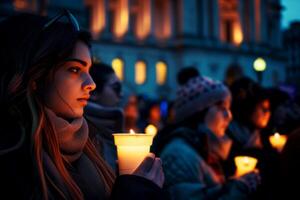 ai generado vigilia para víctimas de tragedia. Disparo a triste mujer participación vela. generativo ai foto