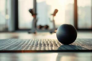 AI generated a fitness balls and yoga mat on floor in gym. photo