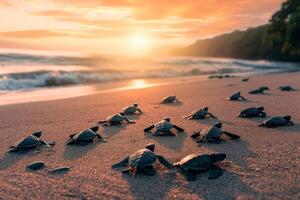 ai generado bebé tortugas en el arenoso playa y gatear a el océano. generativo ai foto