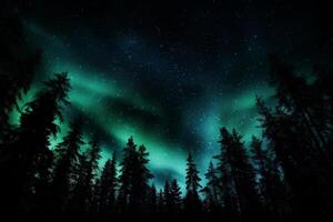 AI generated a pine trees under the sky with Northern lights. ai generative photo