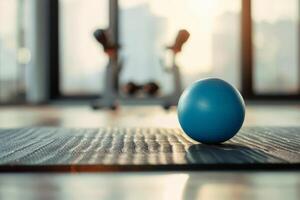 AI generated a fitness balls and yoga mat on floor in gym. photo