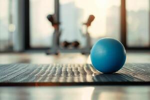 AI generated a fitness balls and yoga mat on floor in gym. photo