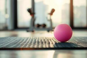 AI generated a fitness balls and yoga mat on floor in gym. photo