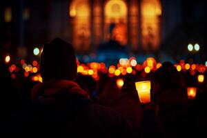 AI generated Vigil for victims of tragedy. Shot to person group holding candle. Generative AI photo