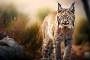 AI generated Eurasian lynx walking in natural habitat. Wildlife scene. Generative AI photo