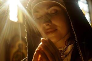 AI generated A woman holds a cross in her hands and prays intently in a Christian church, AI generation photo