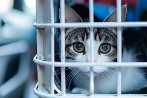 AI generated close up Sad cat caught in cage. Generative AI photo