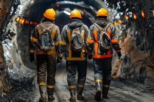AI generated mine worker wearing helmets. at a mine site .Generative AI. photo