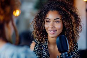 AI generated a woman doing a podcast interview. generative ai photo