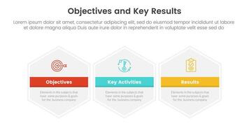 okr objectives and key results infographic 3 point stage template with big circle horizontal concept for slide presentation vector