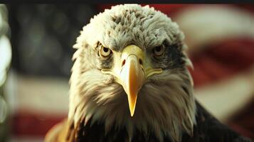 ai generado un orgulloso americano águila se sienta en americano Estados Unidos bandera . ai generado foto