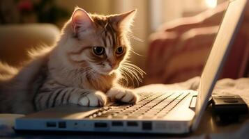 ai generado linda gato en cerca arriba sentado con ordenador portátil. en línea trabajo y enseñanza. generativo ai foto