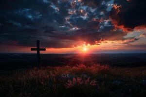 ai generado de madera cruzar en parte superior de un montaña a atardecer, generativo ai foto