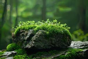 AI generated a moss covered rock with small plants growing out of it. generative ai photo