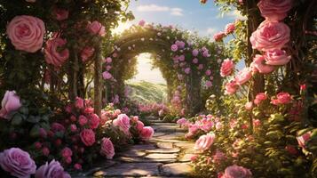 AI generated Rosemary Rose Garden Bliss Background photo