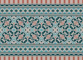 Cross Stitch. Pixel. Geometric ethnic oriental seamless pattern traditional background. Aztec-style abstract vector illustration. Design for textile, curtain, carpet, wallpaper, clothing, wrapping