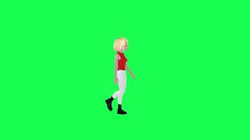 3d blond vrouw in oranje jurk en wit broek lopend, links hoek, chroma sleutel video