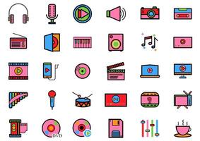 Music and Entertain icons set.Set of 30 icons for sound  such as cup of Coffee,Tv, equalizer,CD,DVD,computer,music note, loudspeaker.Vector voice and melody concept. vector