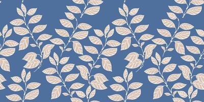 Pastel stylized artistic branches leaves seamless pattern on a blue background. Creative simple tropical floral printing. Vector hand drawn shape line leaf stems.Template for design, fabric, fashion