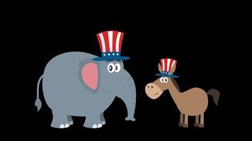 boos politiek olifant republikeins vs ezel democraat. 4k animatie video beweging grafiek zonder achtergrond