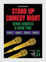 Modern Poster Card Of Stand Up Comedy Show. Shiny Microphone, Open mic night, black Background And Entertainment Depicted On Comedy Performance Banner. vector Illustration, gold mic