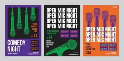 abierto mic noche póster, estar arriba comedia espectáculo póster o volantes o bandera diseño, volantes modelo con micrófono y brillante elementos, Tres conjunto de carteles composición en gris antecedentes. vector