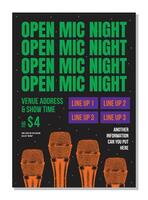 Modern Poster Card Of Stand Up Comedy Show Shiny Microphone Open mic night black Background vector