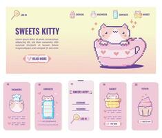 Design webpage and mobile application with cute cat pixel art.Set template for sweets store,cafe,coffee shop.Registration sign,catalog,vacancies,online ordering,contacts ect.Vector illustration EPS 10 vector