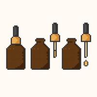 Dropper bottle with serum or oil, pixel art icons set. Closed, Opened vial with drop, liquid package.Make-up and cosmetology concept.Vector illustration eps10 vector