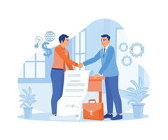 PrintBusinessman standing at an office desk. Shaking hands after signing a business contract. Contract agreement concept. Flat vector illustration.