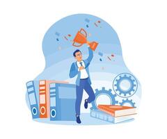 Man celebrates success by holding the trophy. Dancing with the decoration of some documents and ger. Success Business concept. Flat vector illustration.