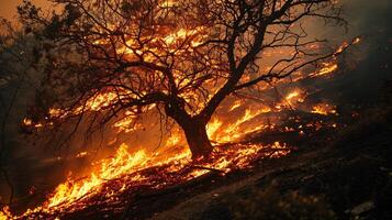 ai generado un flameante árbol envuelto en llamas, un mortal fuego fatuo amenazante cerca carreteras y vehículos con inocente ocupantes. foto