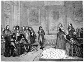 Athalie, represented by the ladies of Saint-Cyr before the king and Madame de Maintenon, vintage engraving. photo