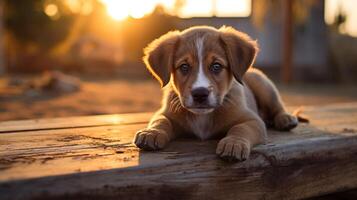 AI generated A charming close-up of an endearing pup with large, meaningful eyes that will surely win over hearts and enliven any endeavor or ad. photo