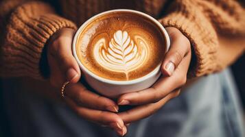 AI generated A tight view of hands clutching a mug of cappuccino-style coffee indicating a tranquil, content mood whilst meditating. photo