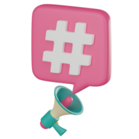 viral voix 3d icône de mégaphone et hashtags pour en ligne promotion.3d rendre png