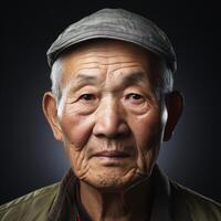 AI generated An aged Asian chap mulls and gazes into the lens in a studio up-close. photo