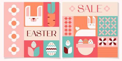 Easter sale geometric square bright flat template.Easter eggs,rabbits,basket,eggs hunt cards set.Vector illustration EPS 10 vector