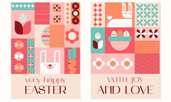 Happy Easter with joy and love geometric square bright flat greeting cards set. Easter eggs,rabbits,basket,eggs hunt.Vector illustration EPS 10 vector