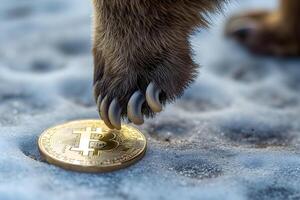 AI Generated Bear paw stomping and holding down bitcoin shiner. photo
