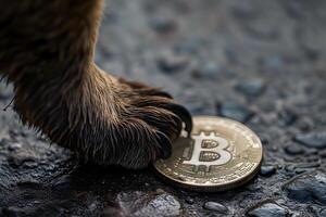 AI Generated Bear paw stomping and holding down bitcoin shiner. photo