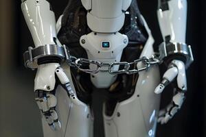 AI Generated robot hands shackled in chains for the concept of constraints and regulation of artificial intelligence photo