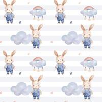 Seamless pattern with watercolor rabbit, rainbows clouds. Cute childish print. Springtime background in pastel colors vector